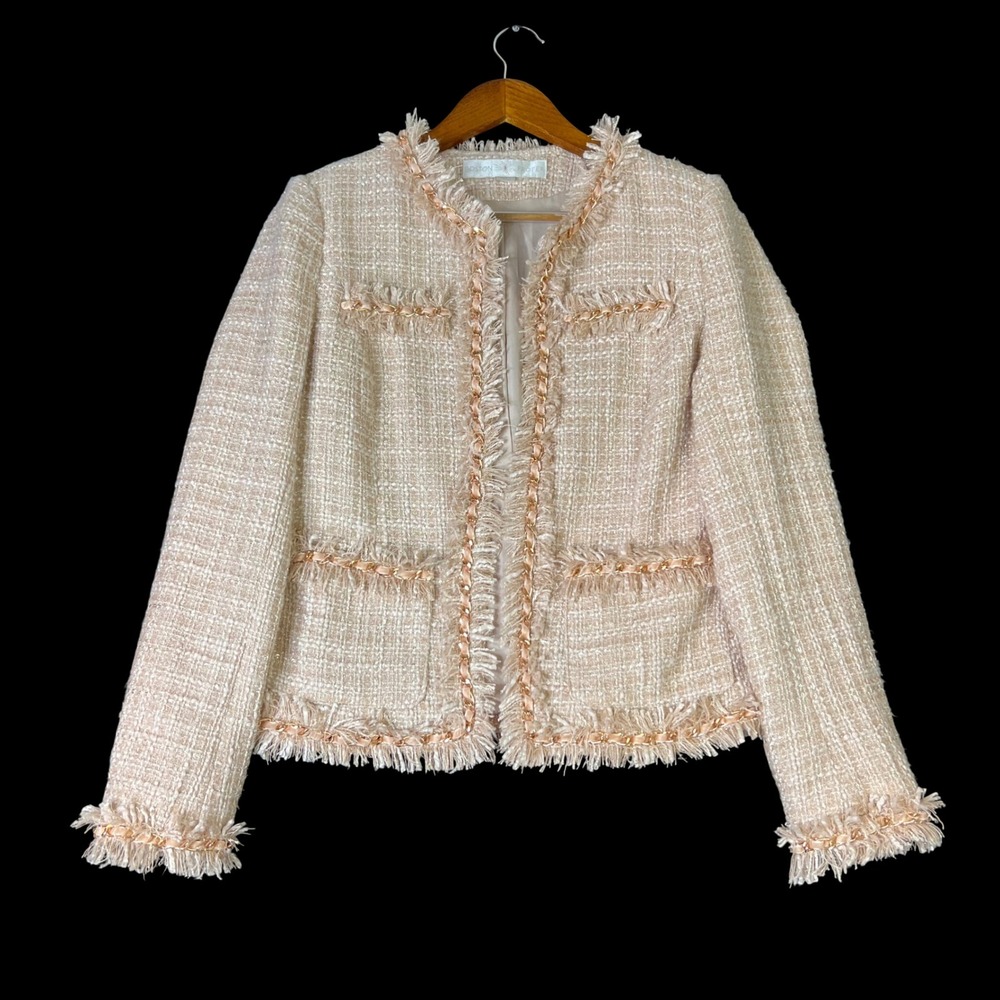 Boston Proper Metallic Tweed Blazer Size 8 Pink Gold Chain Trim Fringe Jacket